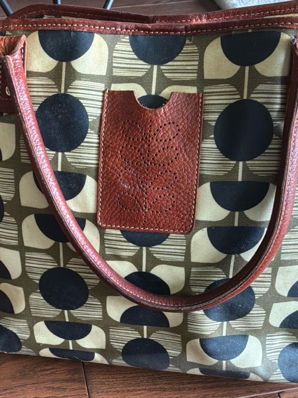 Orla Kiely Olive Green and Black Geo Dot Tote with Brown Leather Trim